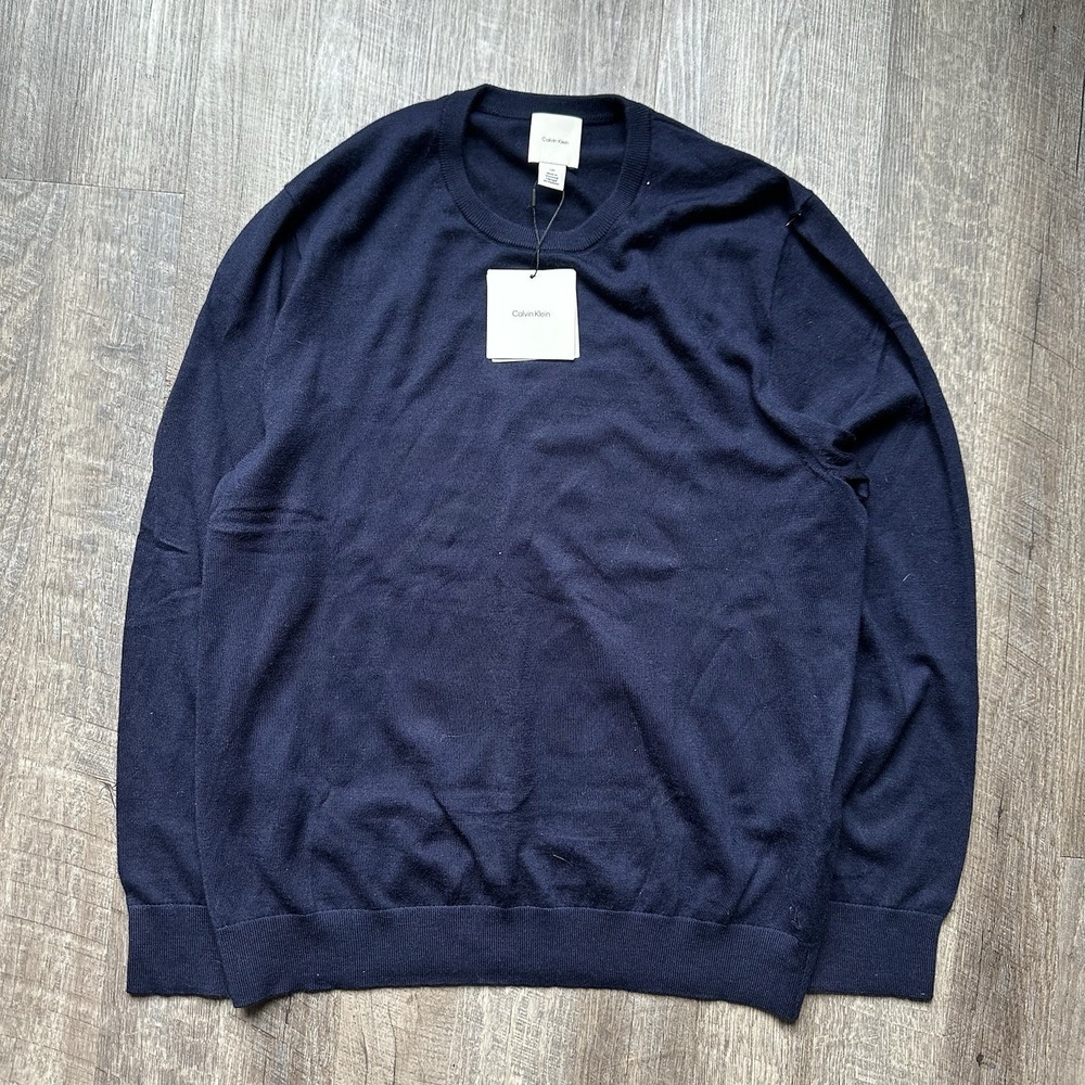 NEW‎ Calvin Klein Mens Merino Blue Wool Crewneck Pullover Sweater Size L
